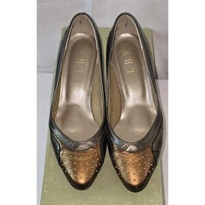 Selby Leather Comfort Flex Metallic Gold Pewter Studded Size 5B Original‎ Box